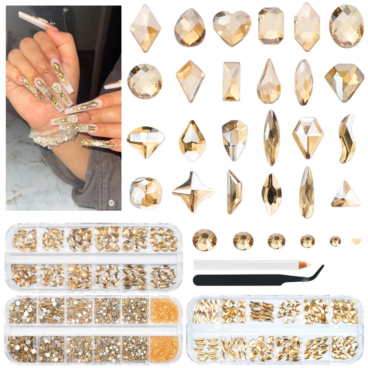 3 Boxes Champagne Gold Nail Rhinestones 240 Multi-Shapes Golden Stones Big Gems Round Beads K9 Glass Diamonds Jewels Crystals Nail Art Charms for Nails Face Eyes Makeup Tumblers Bottles Clothes