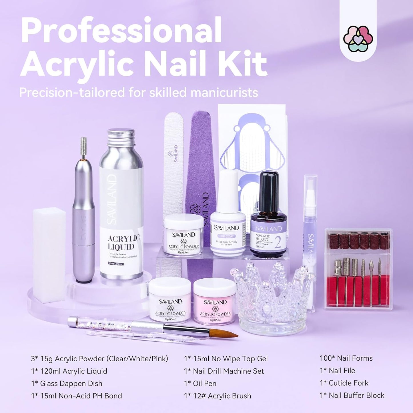 SAVILAND Acrylic Nail Kit with Drill: Professional Salon Nails Kit with Everything Acrylic Powder and Liquid Set Nail Brush Forms Top Gel & Manicure Tools Kit for DIY Extension Carving Home Use
