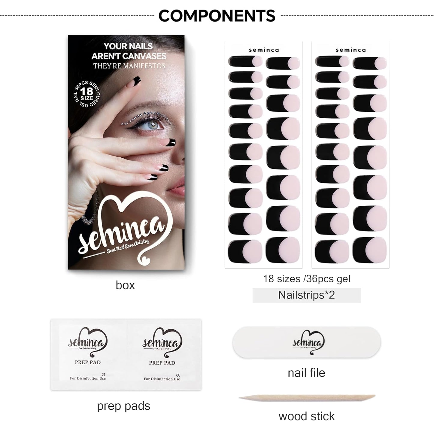 Semi Cured Gel Nail Strips-Quick DIY nail art stickers Black French Tip for vacations business trips easy apply at home DIY manicure kit 60s UV/LED lamp needed(Black French)