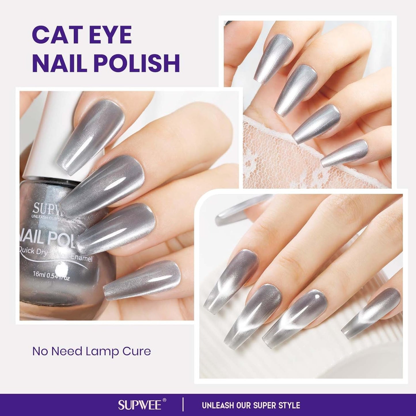 Quick Dry Cat Eye Nail Polish, Silver Magnetic Nail Polish Shimmer Glitter with Magnet High Glossy Fingernail Air Dry Fast Manicure DIY Salon Fall Colors