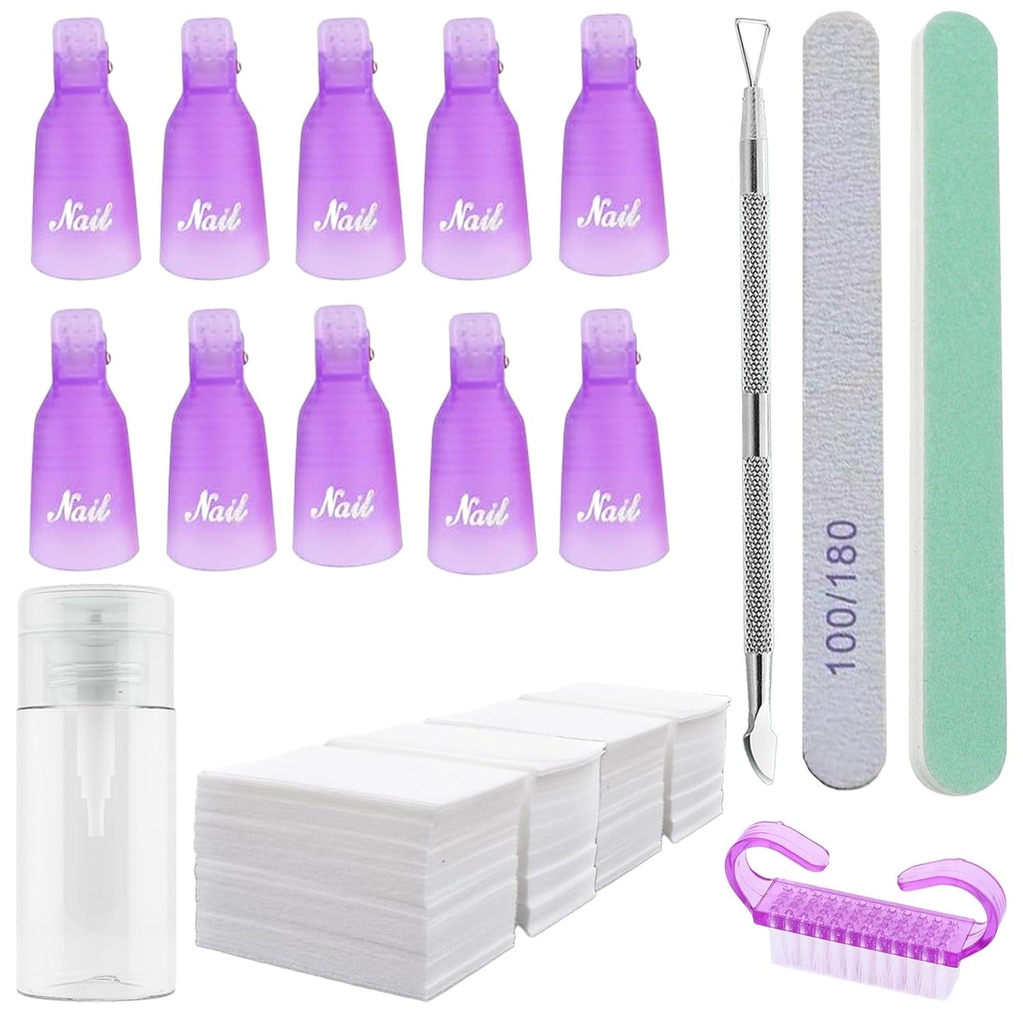 Ponjowl Gel Nail Polish Remover Kit with 10pcs purple Nail Polish Remover Clips Cap, Dispenser Bottle,Gel Polish Cuticle Pusher, 400 PCS Cotton Pads, Buffer Block, Handle Brushes, Nail File.