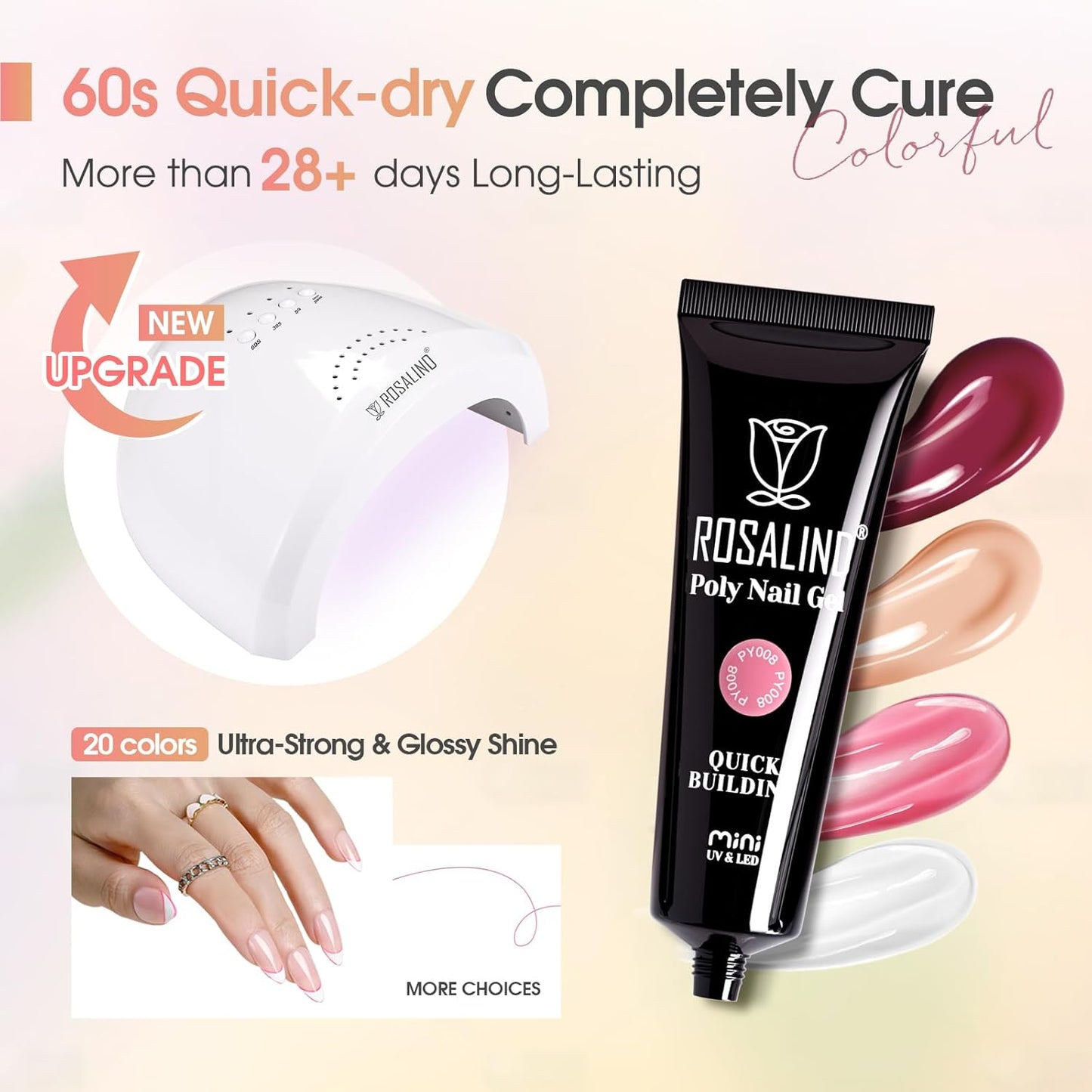 ROSALIND 20PCS Poly Nail Gel Kit with Nail Lamp White Brown Poly Nails Gel Kit Clear Nude Nail Extensions Gel Set With UV Lamp