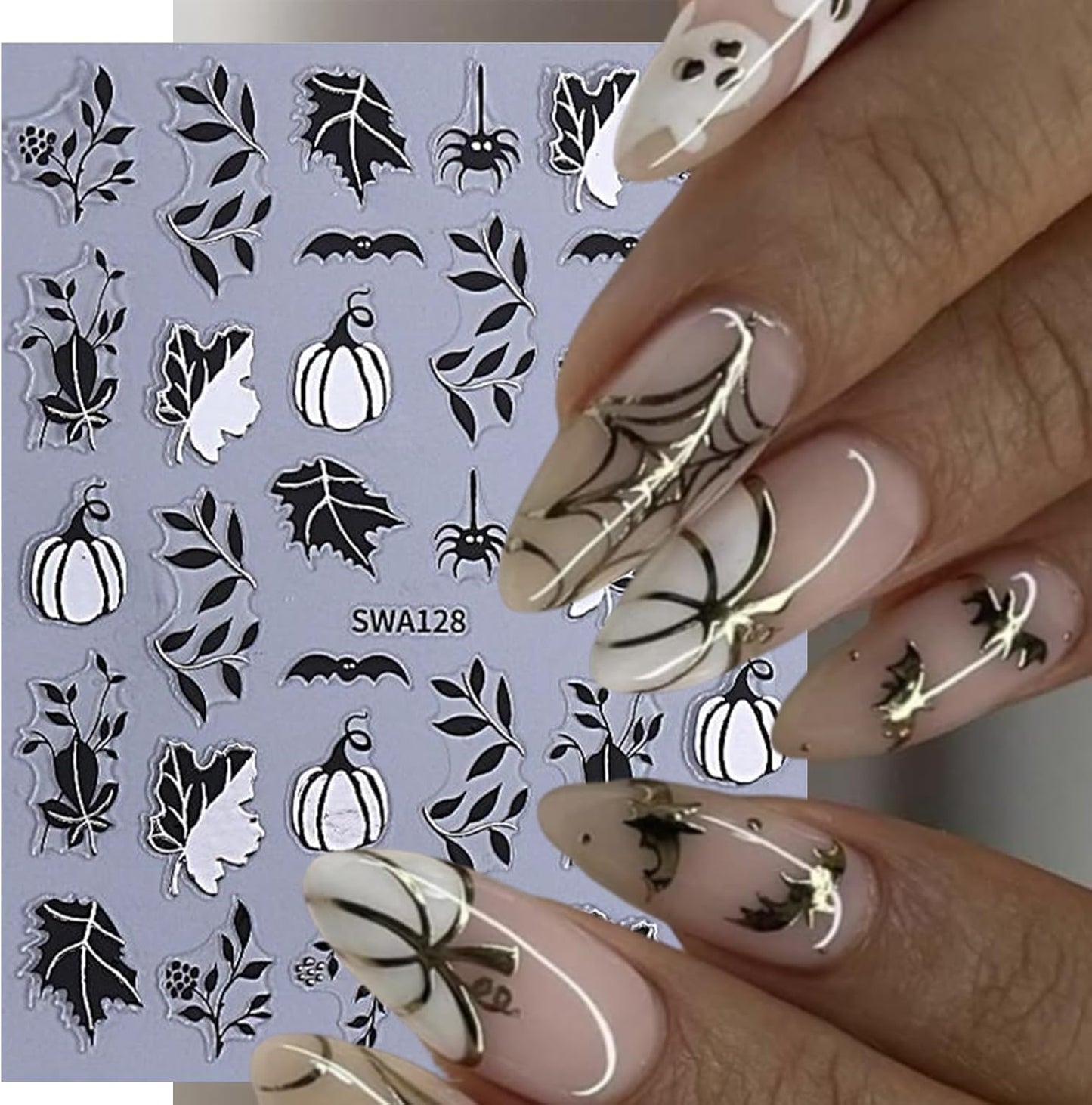 6 Sheets Fall Nail Stickers for Nail Art Halloween Pumpkin Maple Leaf Nail Stickers 3D Self-Adhesive Gold Black Maple Leaf Heart Nail Decals Autumn Maple Leaves Nails Design Leaf Sticker for Women