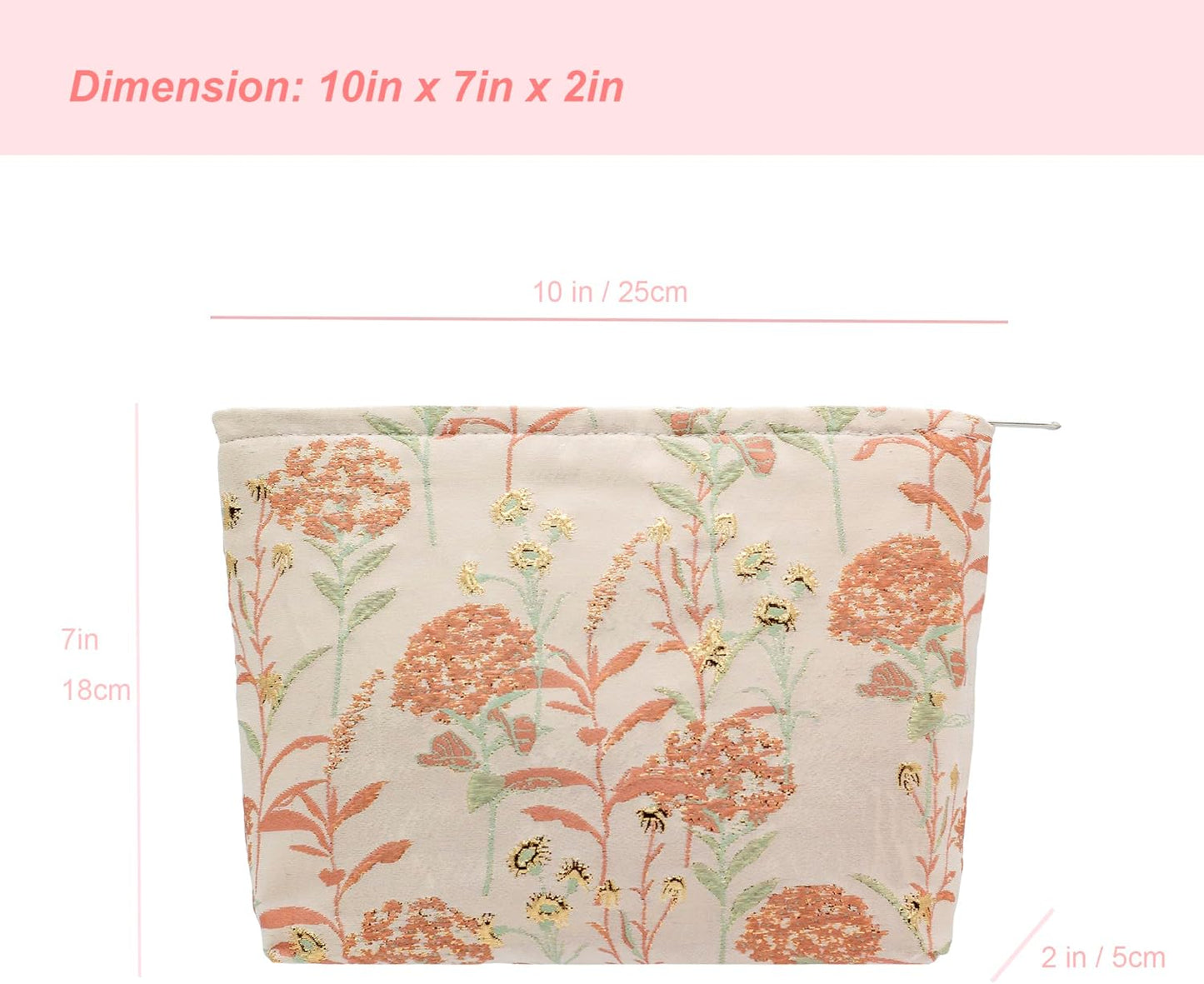 Makeup Bags for Purse Zipper Cosmetic Pouch Large Travel Canvas Make Up Organizer Tool Pouch for Women and Girls,Brocade Flower Pink