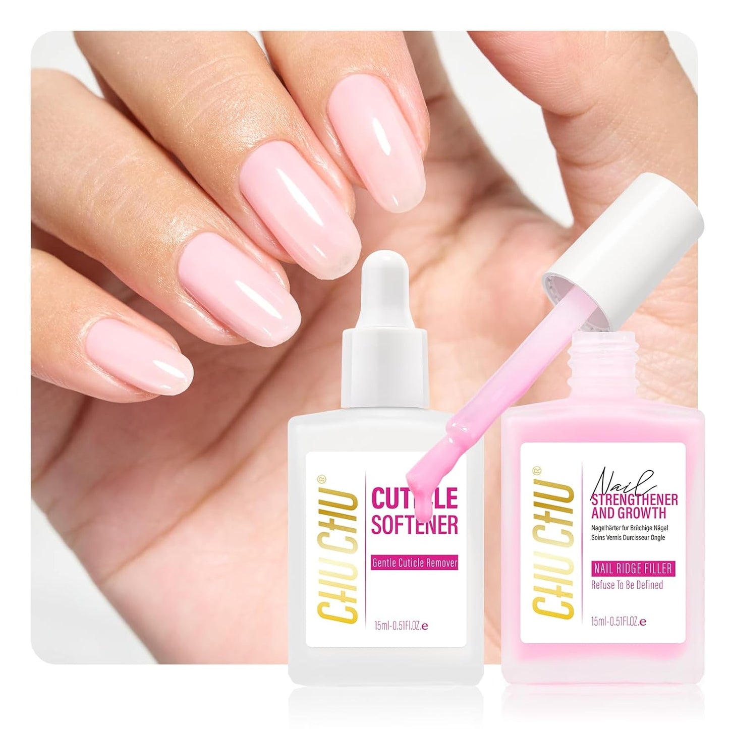 CHUCHU Nail Strengthener and Repair Kit: Pink Hardener and Growth & Cuticle Softener Set - Protein Ridge Filler Polish Quick Dry for Weak Peeling Brittle Splitting Nails - for Women Home Salon