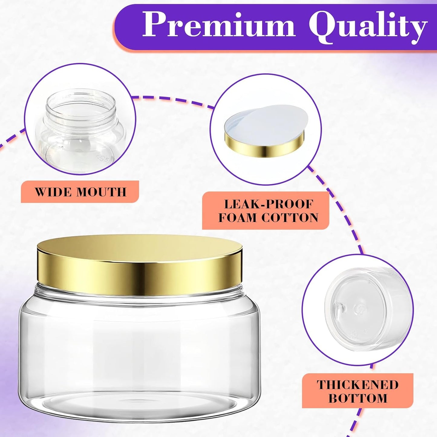 36 Pack 8 oz Plastic Cosmetic Containers With Lids Refillable Clear Empty Travle Jars Containers for Body Butter,Sugar Scrubs,Cream,Lotions,Candy, Waterproof Label&Spatulas - (Gold)