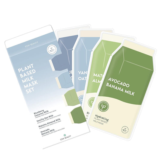ESW Beauty Plant-Based Milk Face Masks - 8-Pack Skincare Set - Hydrating, Radiance, Firming & Soothing with Avocado, Matcha, Blueberry, Vanilla & Oat Extracts for All Skin Types