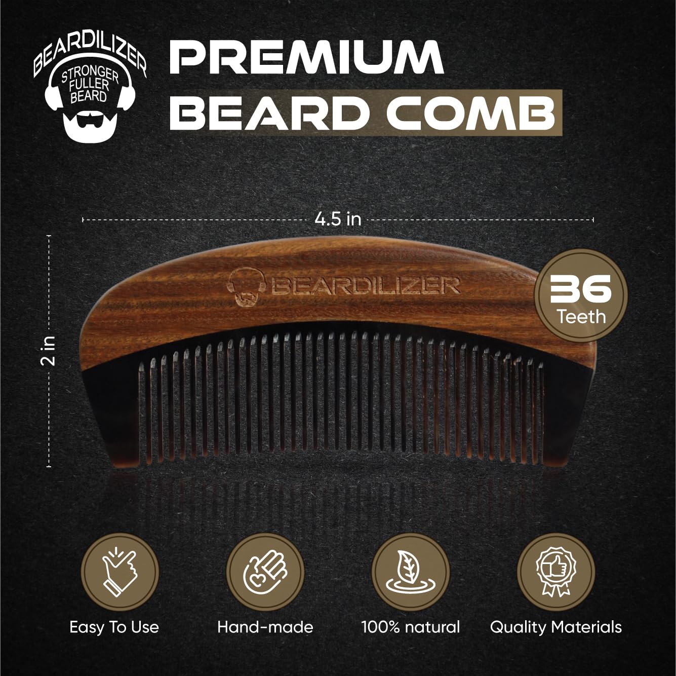 Beardilizer Premium Beard Comb for Men - 100% Natural Black Ox Buffalo Horn & Sandalwood Handle with Carrying Pouch, Professional Anti-Static Fine and Coarse Teeth