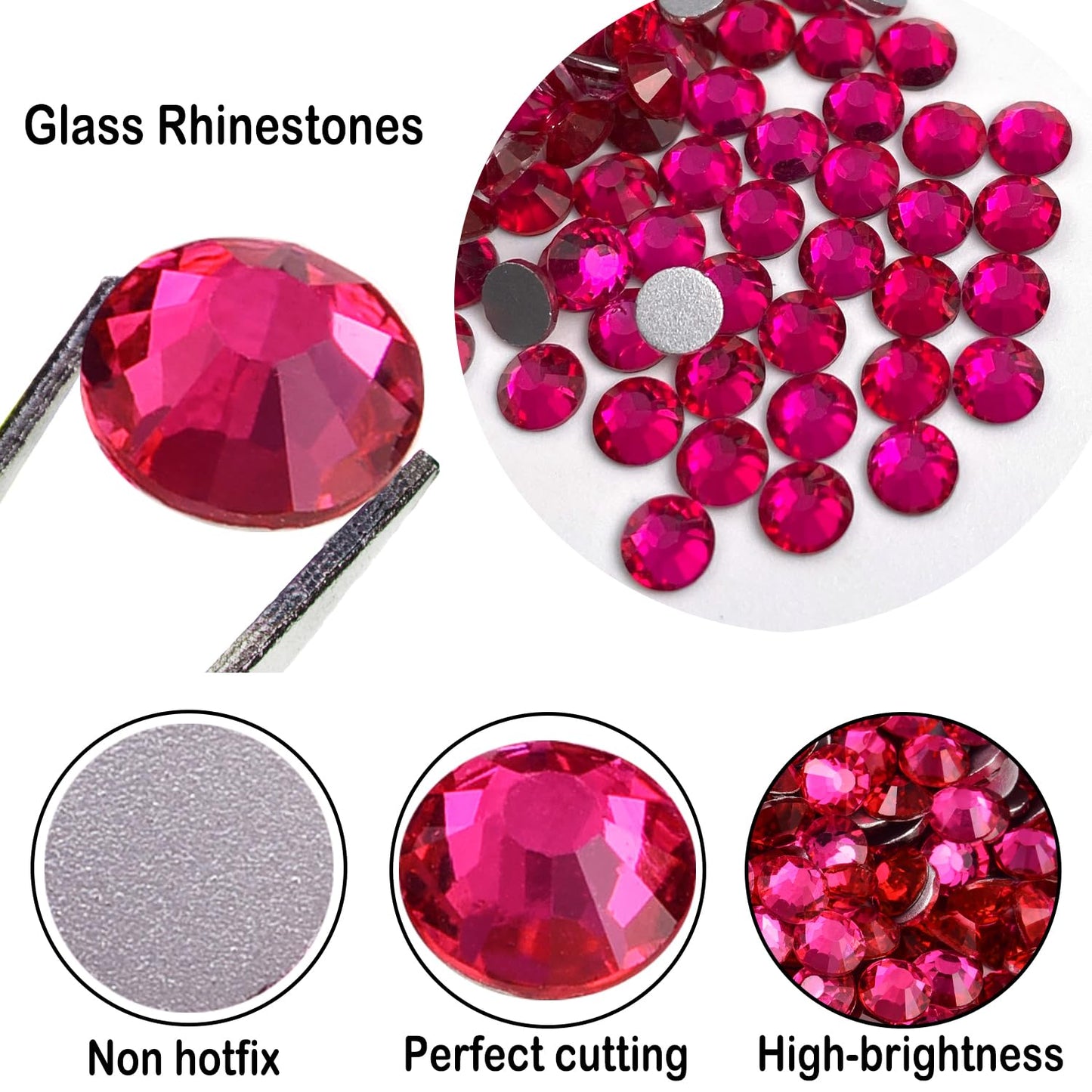 Flatback Glass Rhinestones,Bedazzler Gems 1440pcs Non Hotfix Crystal Rhinestones for Nail Charms Crafts Clothes Tumblers,Dk. Hot Pink,SS20