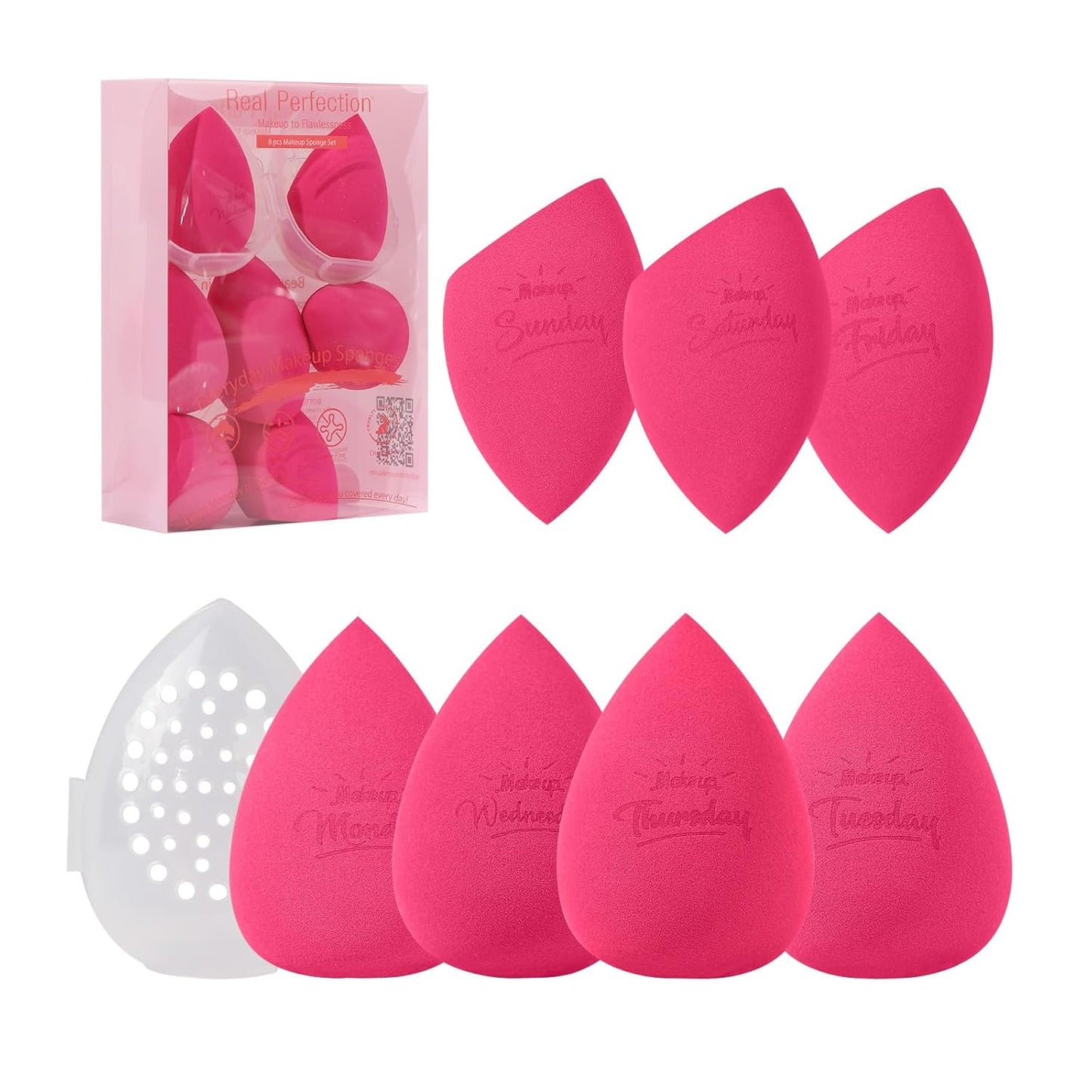 Real Perfection Makeup Sponge Set Blender Sponges, Latex-Free Beauty Makeup Sponges 7 pcs with 1 Travel Container Case for Blending Foundation Liquid Cream and Powder (Rose Red)