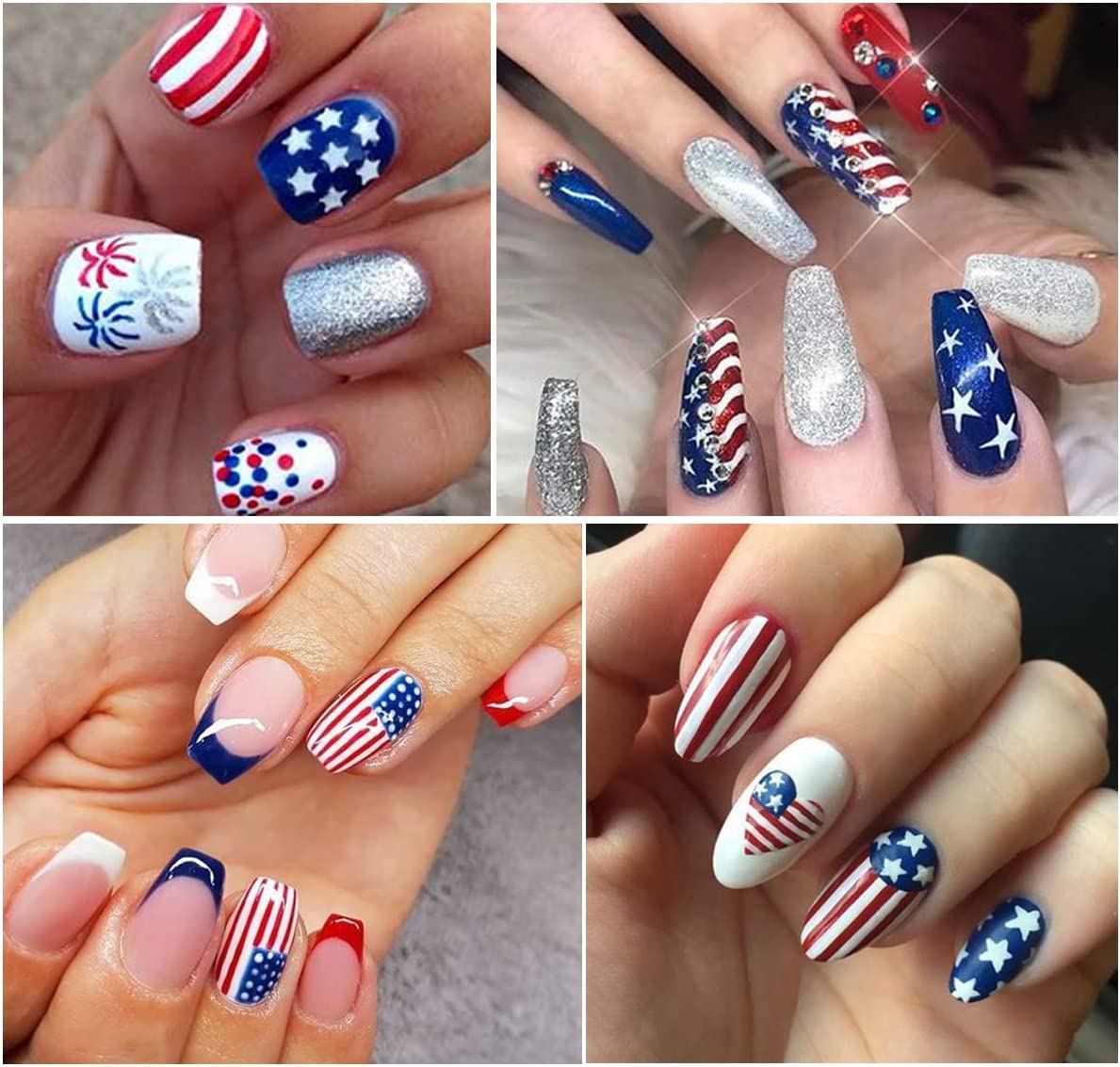 8Sheets 4th of July Nail Art Stickers Decals Red Blue White American Flag 3D Self-Adhesive Nail Decals Flame Butterfly Heart Designs Independence Day Nail Decorations DIY Nail Supplies for Women Kids