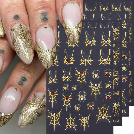 Halloween Nail Art Stickers Decals 4PCS Golden Spider Web Spider Nail Decals with Rhinestone White Red Crystal Spider Web Spider Nail Stickers Bow Heart Halloween Nail Art Supplies for Women Manicure