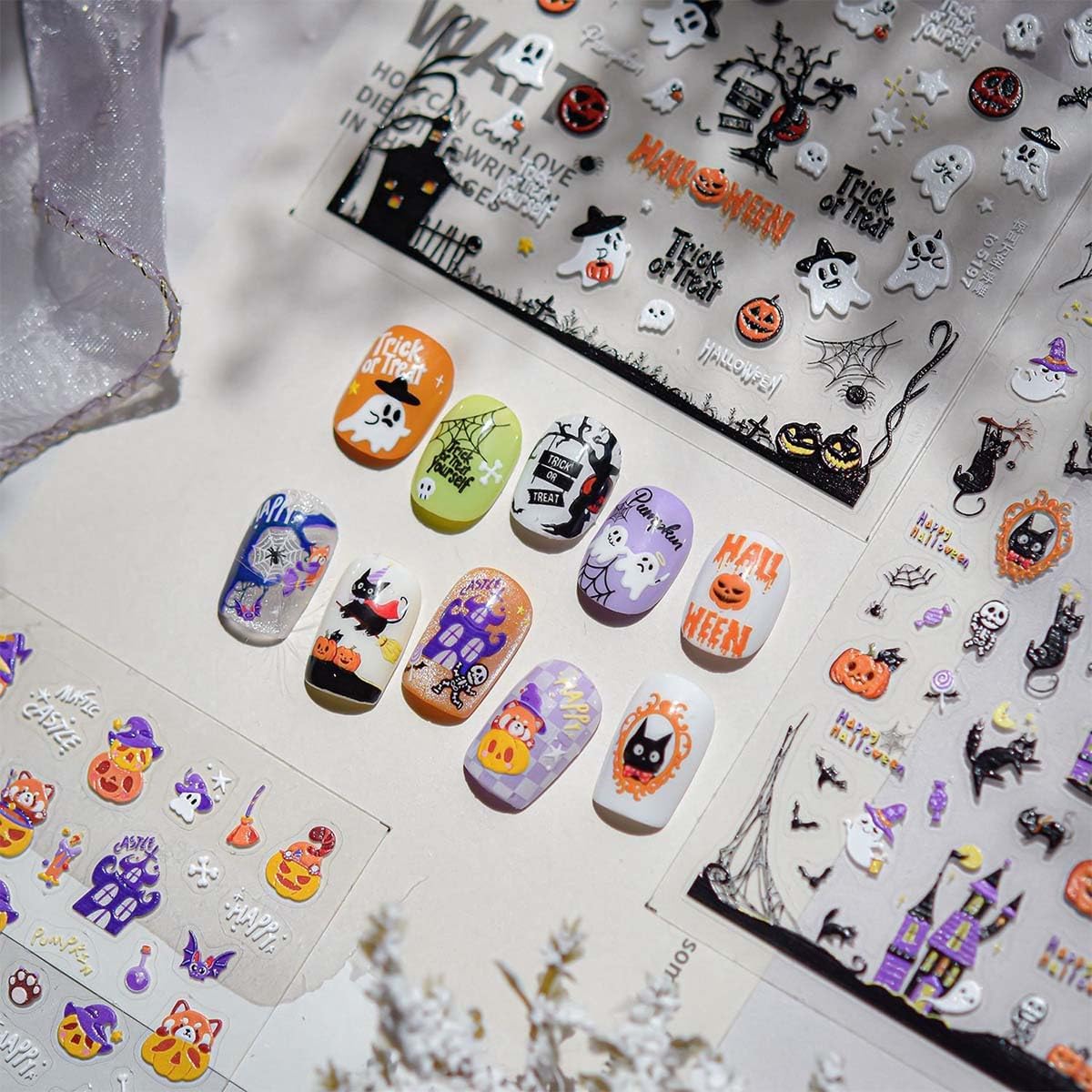 5D Embossed Halloween Nail Art Stickers Cute Nail Decals Cat Nail Stickers with Spider Wed Design 3D Self Adhesive Nails Supplies Accessories for Women Manicure Charms DIY Decoration 1sheet