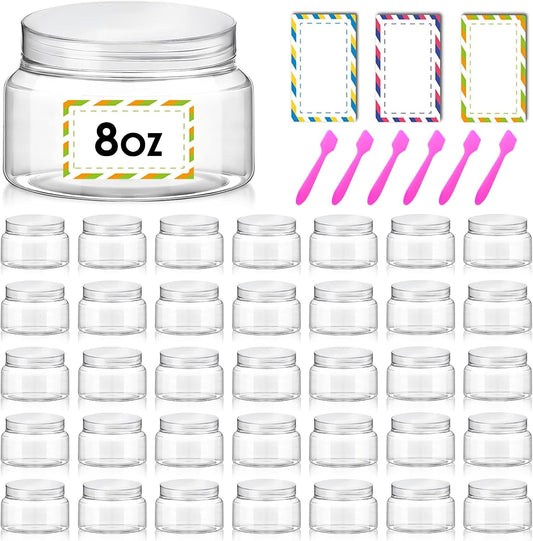 36 Pack 8 oz Plastic Cosmetic Containers With Lids Refillable Clear Empty Travle Jars Containers for Body Butter,Sugar Scrubs,Cream,Lotions,Candy, Waterproof Label&Spatulas - (Clear Lid)