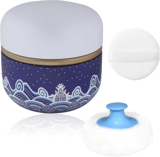 WEMEGA Body Powder Case with Powder Puff Powder Container Tea Box for Baby and Women Powder Puff and Powder Case for Travel (Blue Sea1)