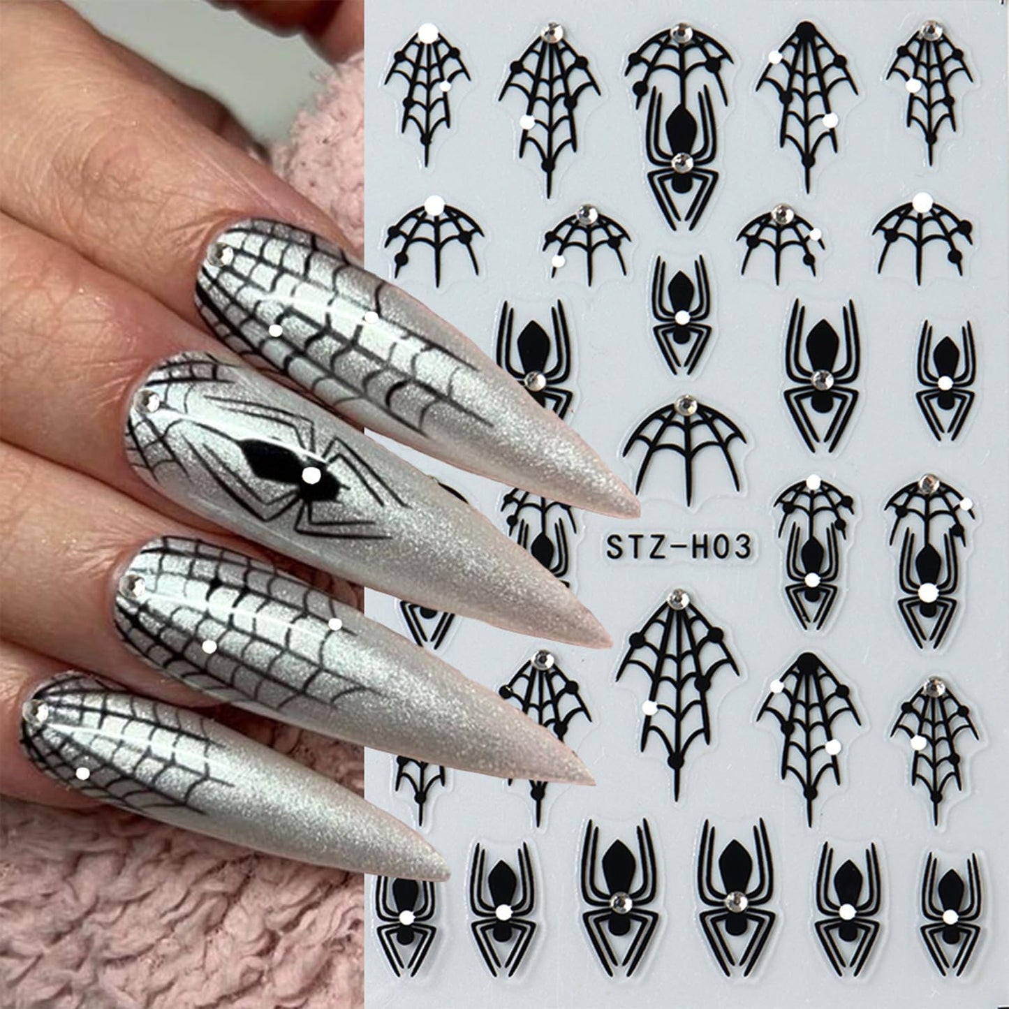 8 Sheets Black Halloween Nail Art Stickers Decals Spider Web Nails Sticker with Rhinestones Design Skeleton Blood Drop French Tip Nails Decals Self-Adhesive Butterfly Nail Art Decal Halloween Decor