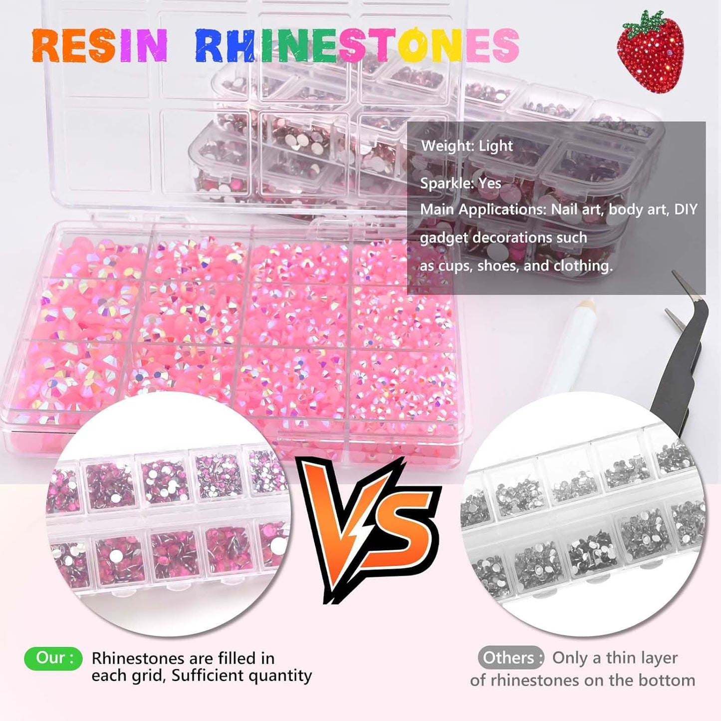 Morcheiong 17000Pcs Resin Rhinestones Pink Flatback Crystals Diamond Includes Tweezers and Pickup Pen Suitable for Crafting DIY Nail Art Makeup Wedding Dress Clothing Mug