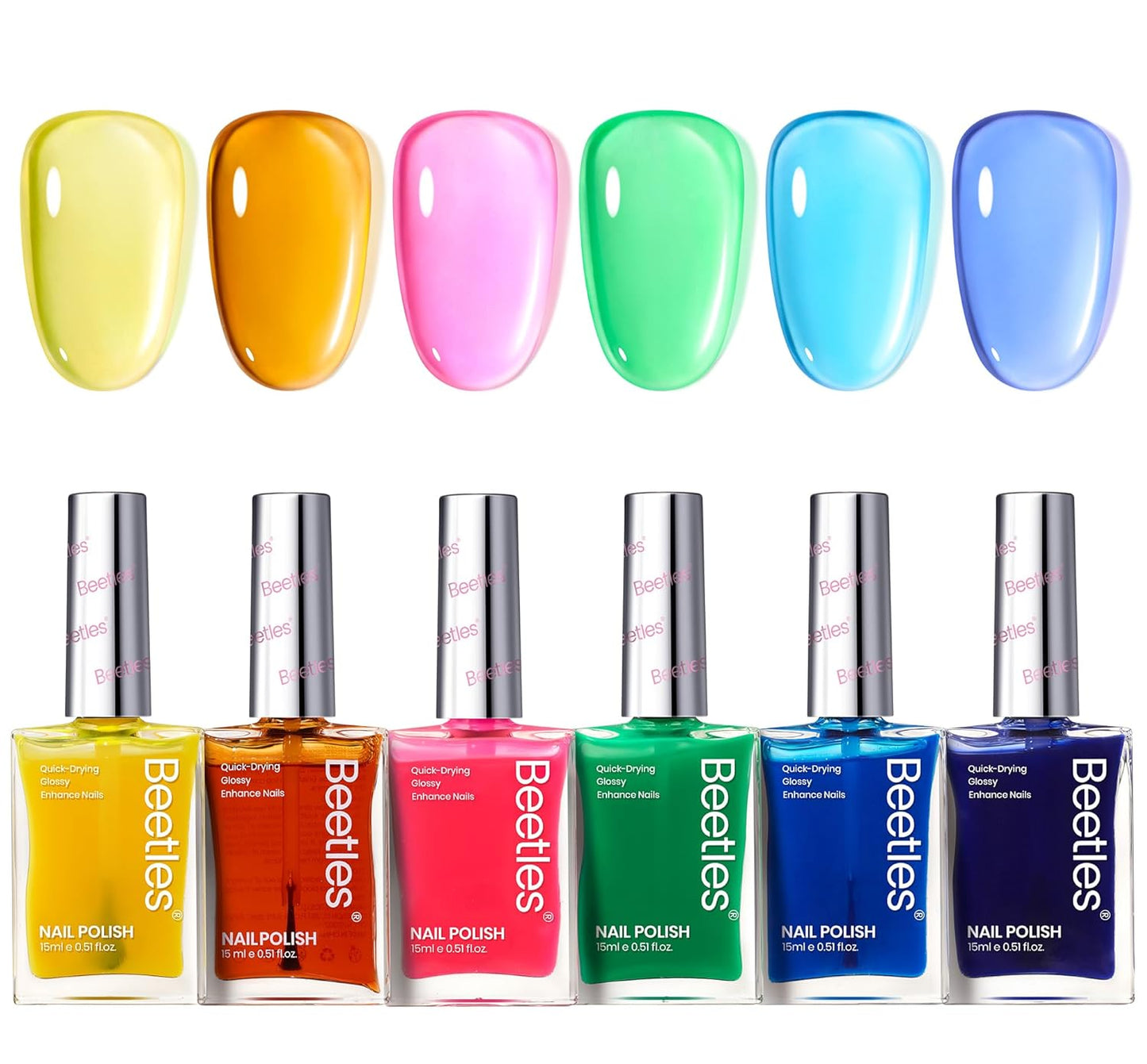 Beetles Neon Nail polish Set, 6 Jelly Colors Bright Rainbow Nail Polish Kit Quick Dry Finger Nail Polish Glossy Shine Nail Lacquer Polish Long Lasting Gifts for Women