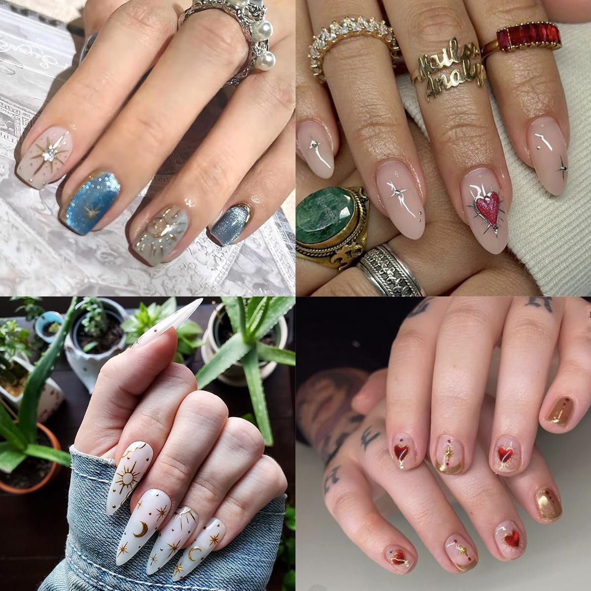 8 Sheets Metallic Nail Art Stickers Bronzing Star Moon Nail Decals 3D Self-Adhesive Gold Silver Nail Art with Heart Charms Design Moon Star Nail Stickers for Women Manicure Decoration Accessories