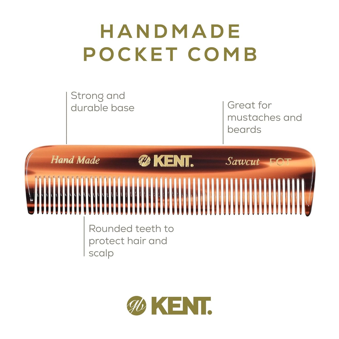 Kent FOT Tortoise Fine Tooth Comb for Men - Handmade Pocket Comb for Travel, Styling, Fine or Thinning Hair, Mustache and Beard Care Handpolished Saw-Cut Made in England