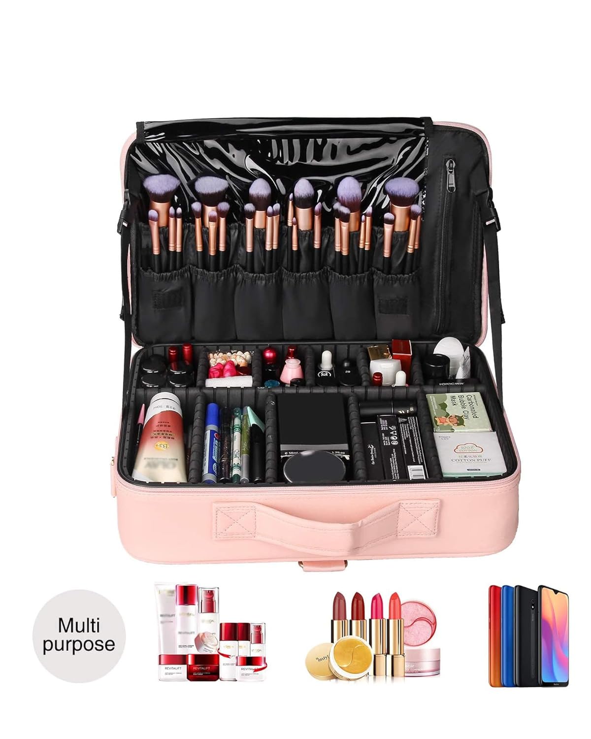 MONSTINA Cosmetic Bags 3 Layer Cosmetic Organizer Makeup Case Beauty Artist Storage Brush Box with Shoulder Strap (Large, PU Leather pink)