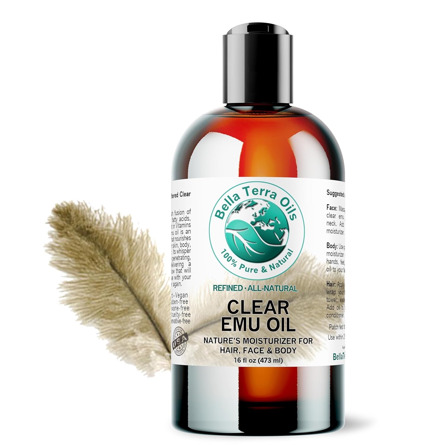 Bella Terra Oils - Clear Emu Oil 16 oz - Celebrate Nature's Best Kept Beauty Secret, Enriched with Omega Fatty Acids, Natural Elixir for Radiant Skin