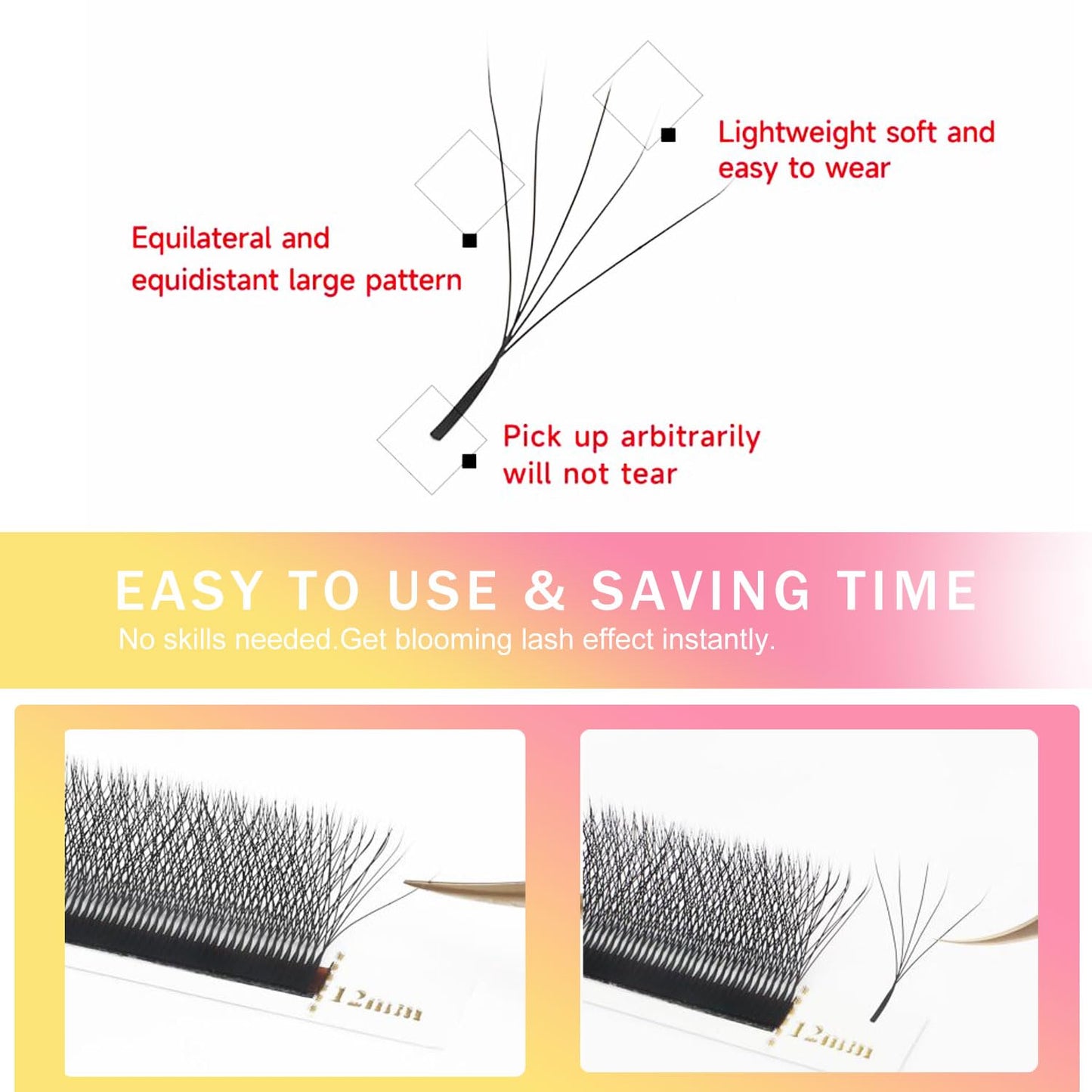 W Lash Extensions Supplies 5D Eyelash Extensions W Shape 0.07mm Thickness D Curl 12mm Premade Fans Easy Fan Lashes Volume Matte Black 12 Rows Crisscross Eye Lashes(W-5D-0.07-D,12mm)