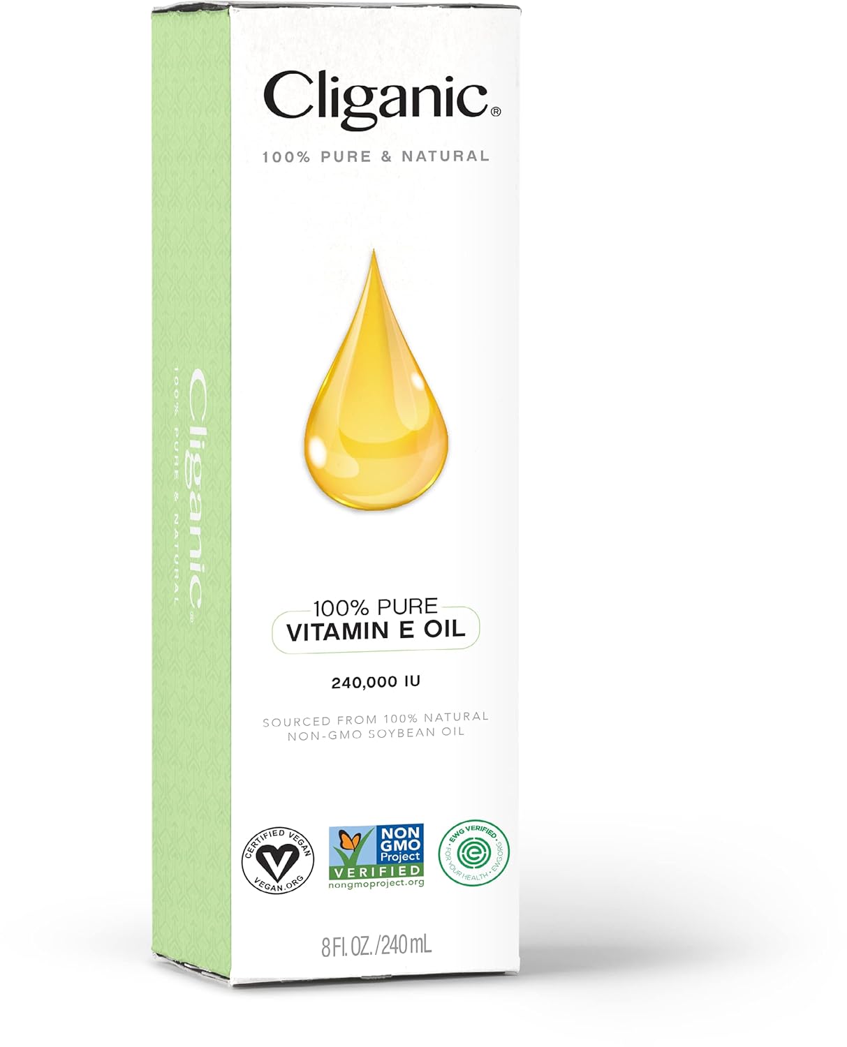 Cliganic Pure Vitamin E Oil for Skin, Scars, Hair & Face 240,000 IU (8oz), Non-GMO Verified | Natural D-Alpha Tocopherol