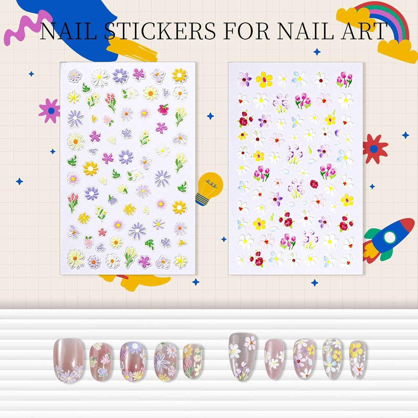 FANDAMEI Nail Decals, 7 Sheets 5D Embossed Flower Nail Stickers, Nail Stickers for Nail Art, 10 PCS Self-Adhesive Nail Art Sticker, Floral Nail Decorations for Girls, Women