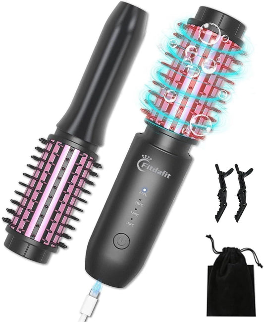 Cordless Hair Curling Iron Brush, 1.5" Mini Cordless Hair Curler, 3-in-1 Travel Curling Brush Hair Straightener Comb Rechargeable, 410℉ Heated Ionic Curling Tool for All Styles, Black