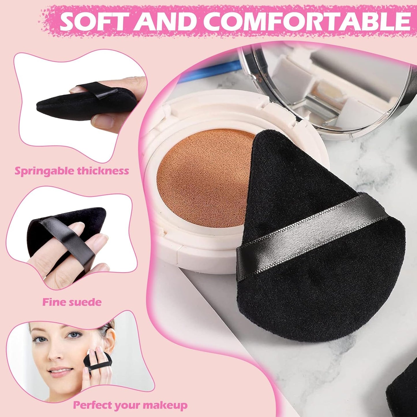 12 Pieces Powder Puff Face Triangle Powder Puff Soft Velour Makeup Puff Velour Puffs for Face Wet and Dry Cosmetic Foundation,Body Powder Blender Loose Mineral Powder Makeup Tool (Black,12 Pcs)