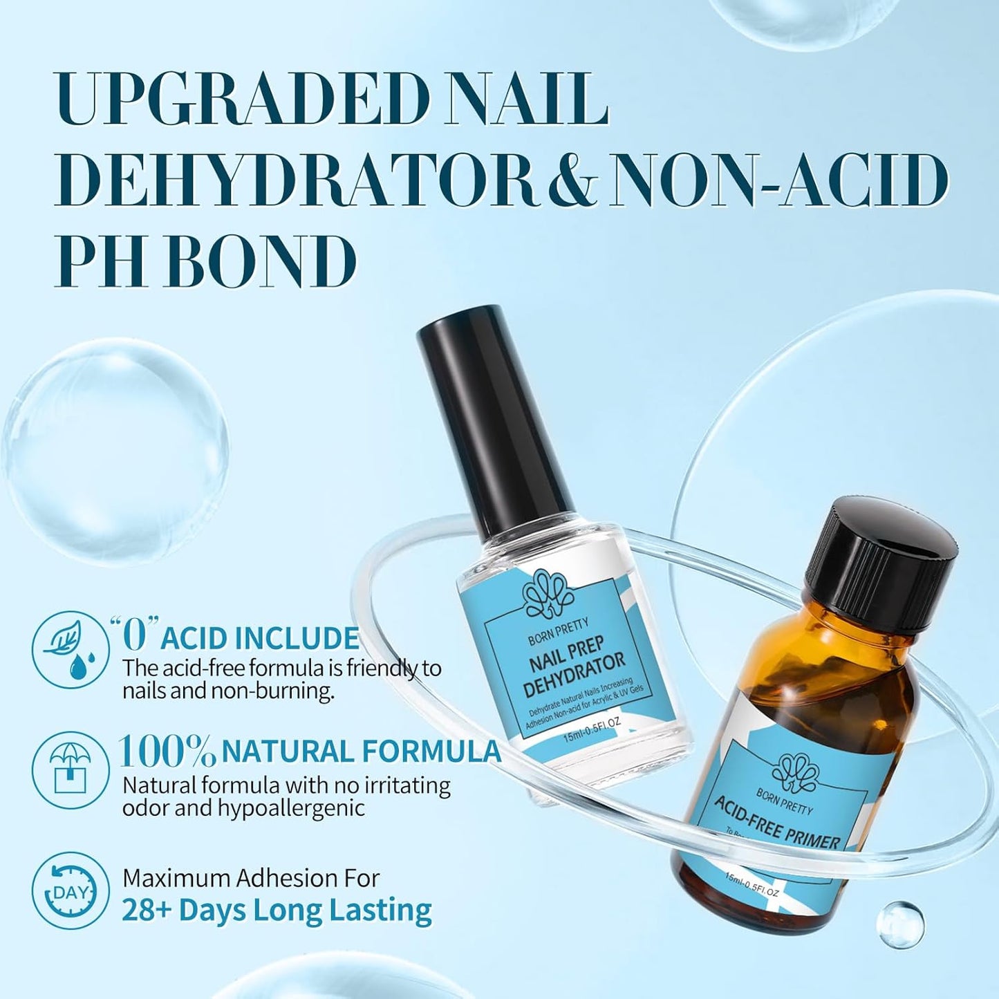 BORN PRETTY Natural Nail Prep Dehydrate and Bond Primer Acid-Free,15ml Dehydrator for Acrylic and Gel Nail Polish, Non Acid Primer for UV Gels Fast Dry Superior Bonding Agent Gift Box Set