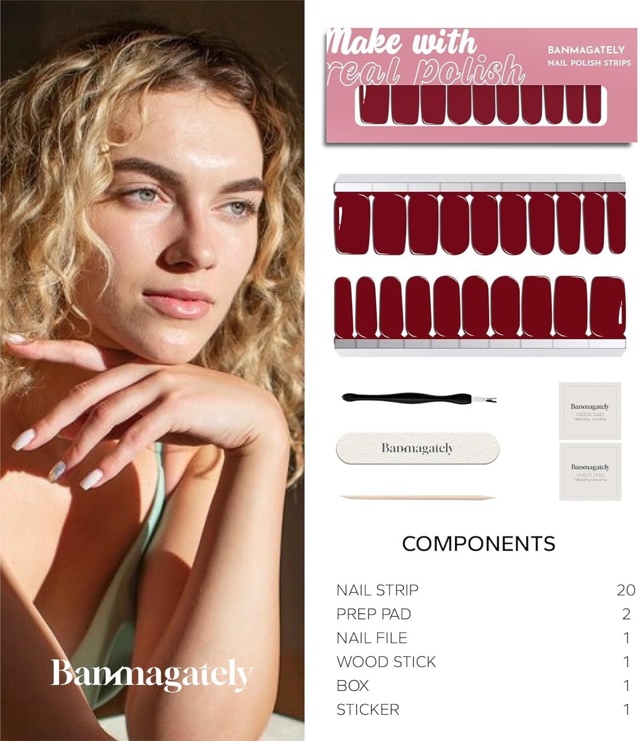 Nail Polish Strips, 20Pcs Salon Quality Gel Nail Stickers, Easy Long Lasting Wraps for Short Nails no UV Light Needed (Red)