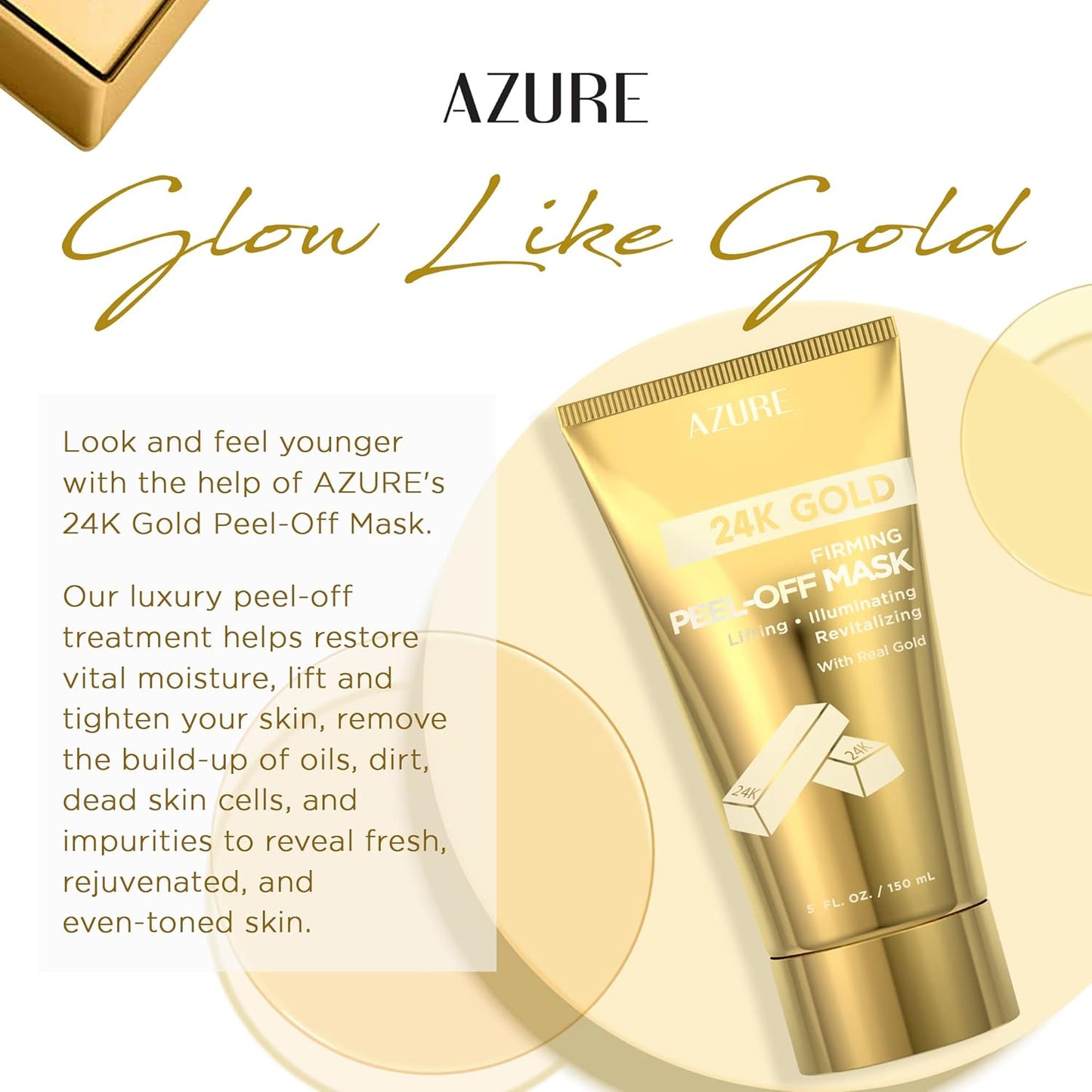24K Gold Firming Peel Off Face Mask – Removes Blackheads, Dirt & Oils | Firms Lifts & Moisturizes | Reduces Wrinkles, Fine Lines & Acne Scar - 150mL