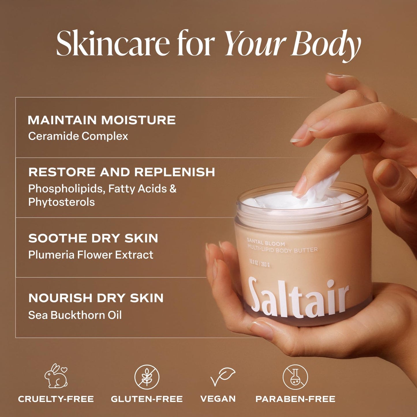 Saltair Multi-Lipid Body Butter - Rich, Nourishing Santal Bloom Hydrating Body Cream with Ceramide Complex, Coconut Oil, Shea Butter, and Sea Buckthorn. Deep Moisturizing Dry Skin Care. 10oz Jar