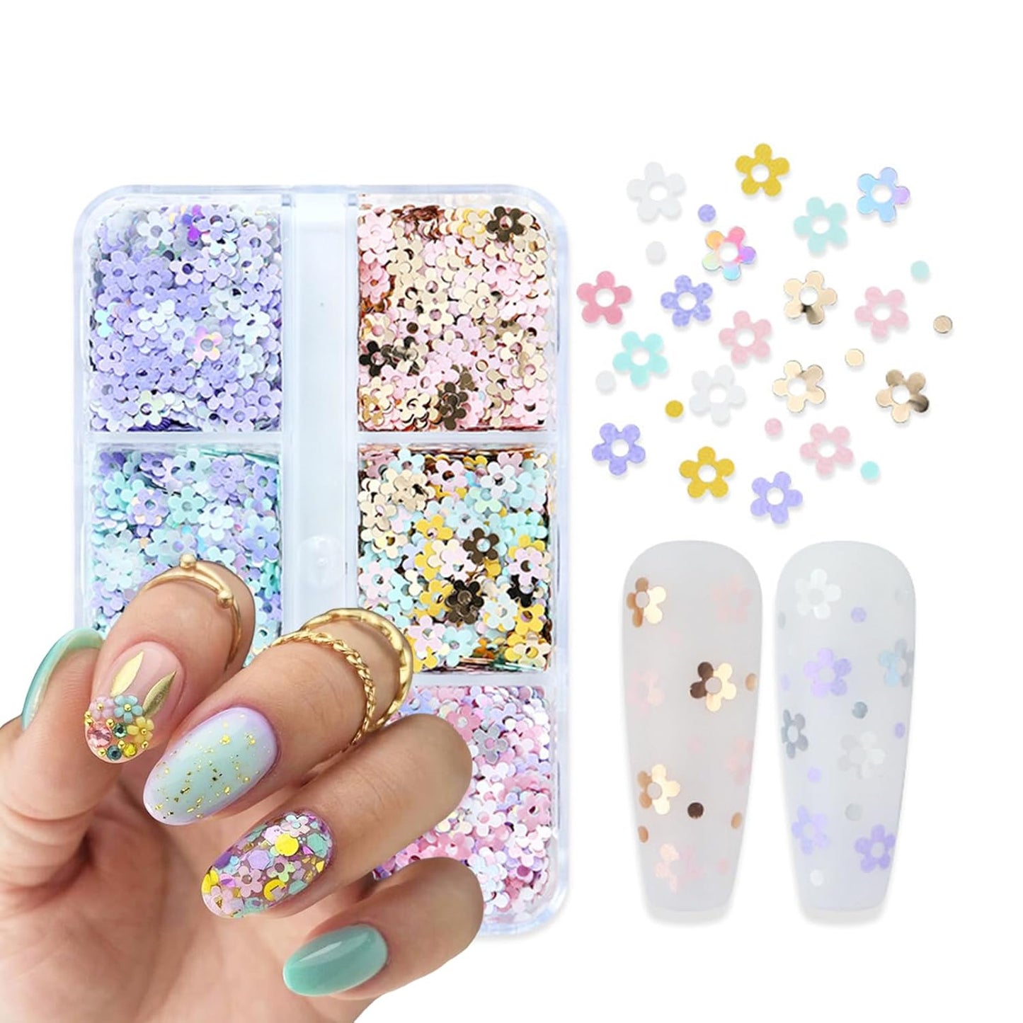 6 Grids Hollow Plum Flower Sequins for Nail，Mixed Colorful Floral Nail Flakes 3D Confetti Flowers Nail Glitter Shiny Flower Nail Flakes Acrylic Nails Supplies for Women Girls Manicure Decorations