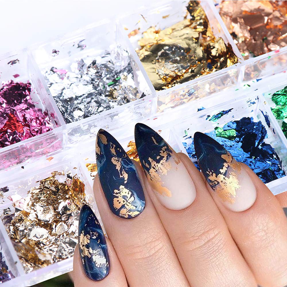 AUOCATTAIL 24 Grids Foil Nail Art Holographic Aluminum Nail Foil Flakes Stickers Nail Sequins 3D Glitter Decoration DIY Design Accessories Rainbow Nail Art Supplies Gold Nail Decals