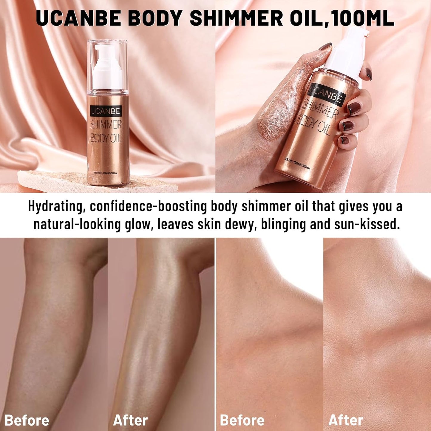 UCANBE Body Shimmer Oil - 100ml Moisturizing Glow Glitter Oil, Waterproof Shimmering Luminizer, Tinted Glowing Bronzer (Rose Gold)
