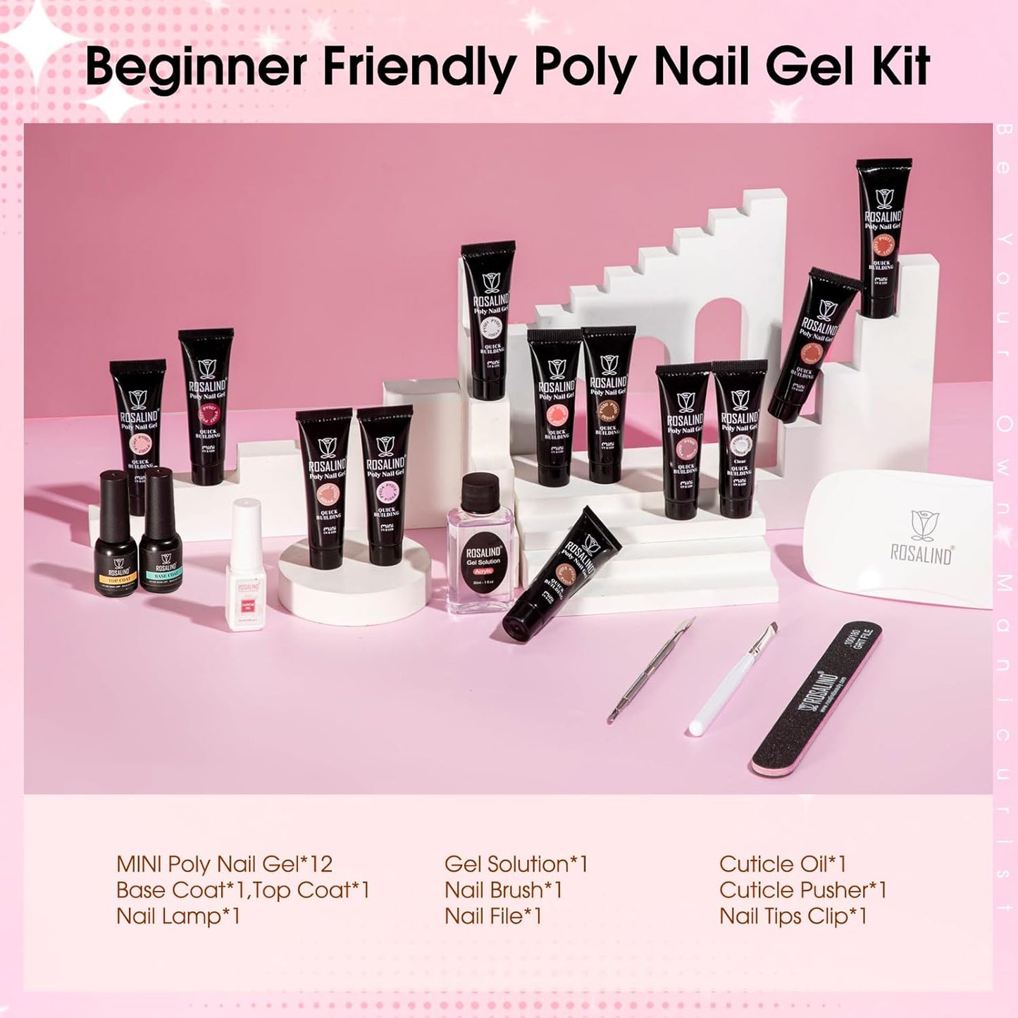ROSALIND Poly Nail Gel Kit -12 Colors + Nail Art Accessories kit Clear Nude Poly Nails Gel Kit Starter Kit With Slip Solution Pro Nude Pink Nail Extensions Gel Set with Mini UV Lamp