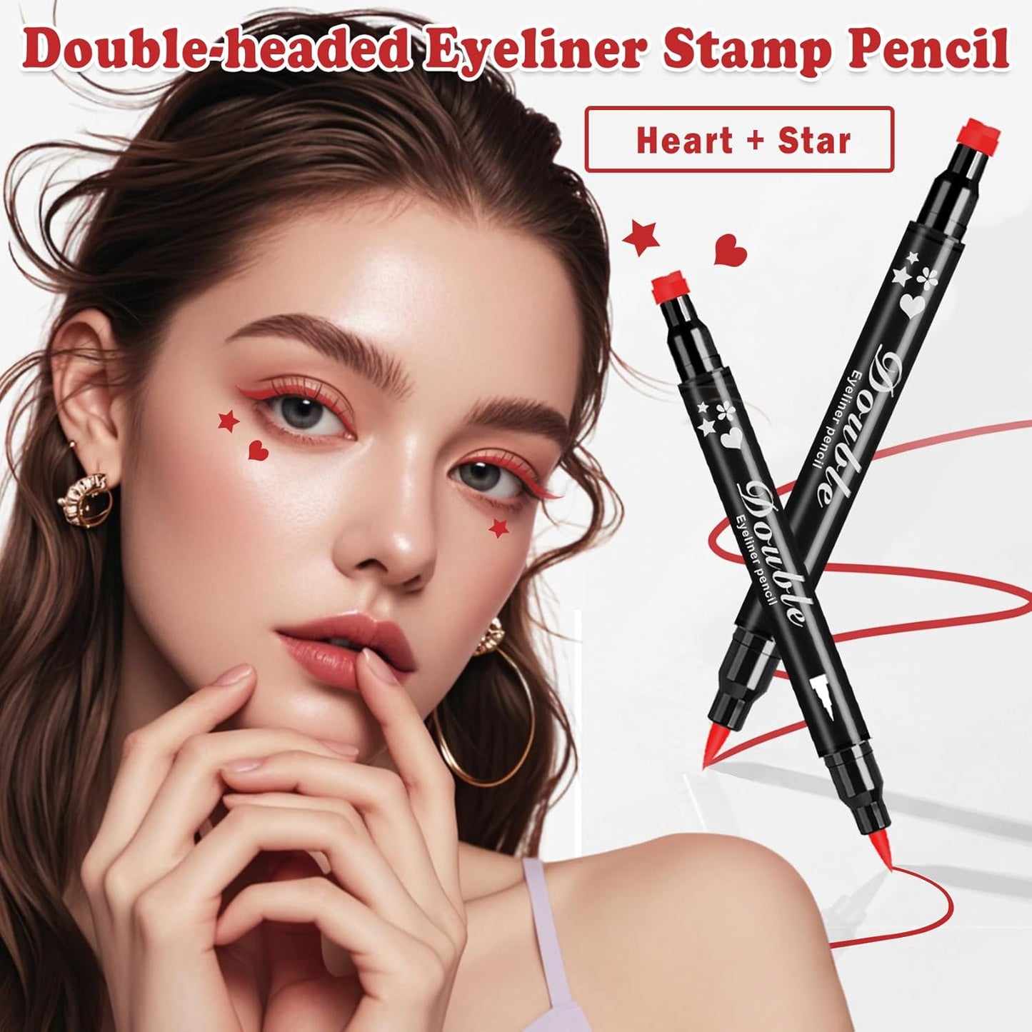 2PCS Double-headed Eyeliner Stamp Pencil Red Liquid Winged Eyeliner Stamp Pen Waterproof Smudgeproof Eye Liner Stamp for Eye Makeup(Star+Heart)