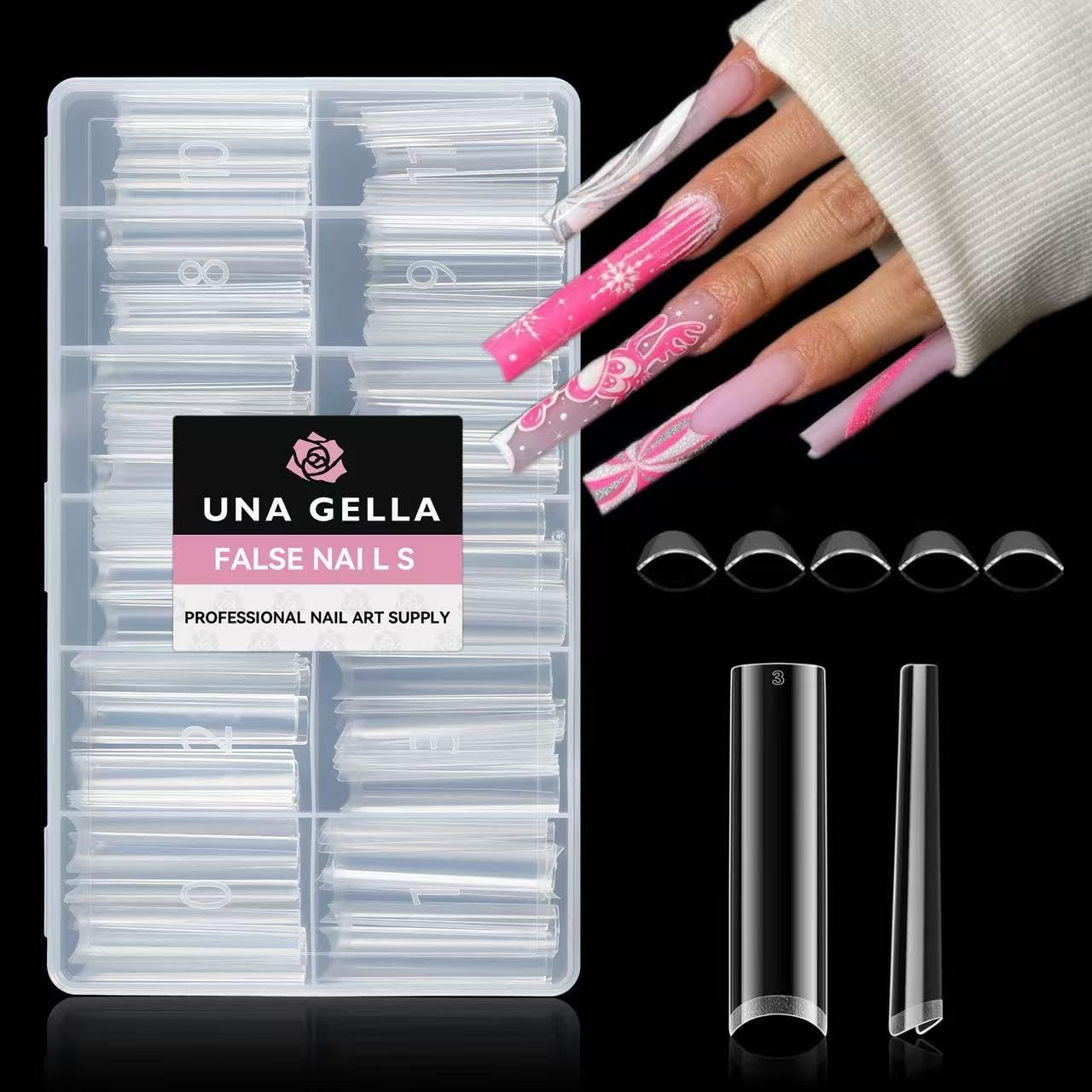 UNA GELLA No C Curve Tapered Square Nail Tips 216Pcs - 3XL Half Cover Clear Acrylic False Straight Nail Tips Long Soft Square Gel Tips Press on Nails for Nail Extensions DIY 12 Sizes With Box