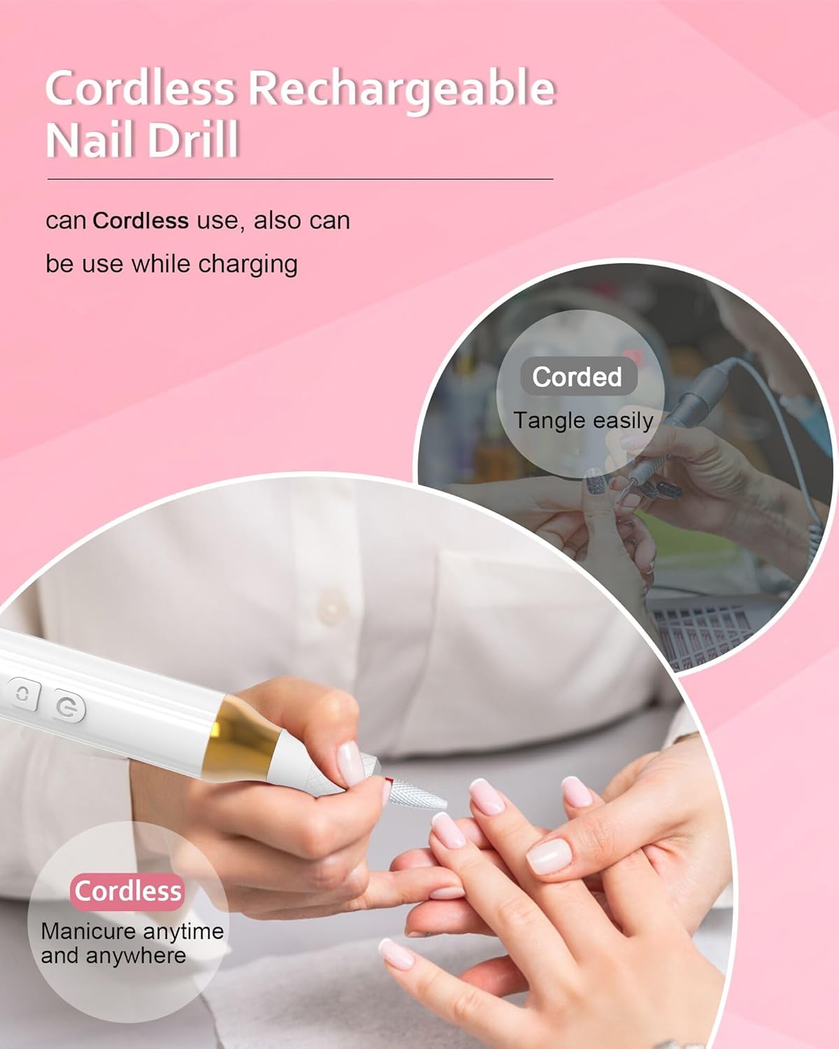 Nail Drill,Cordless Electric Files for Gel Nails E-File Manicure Kit Women Rechargeable Drill para Uñas Profesional Machine Grinder Acrylic White (M918)