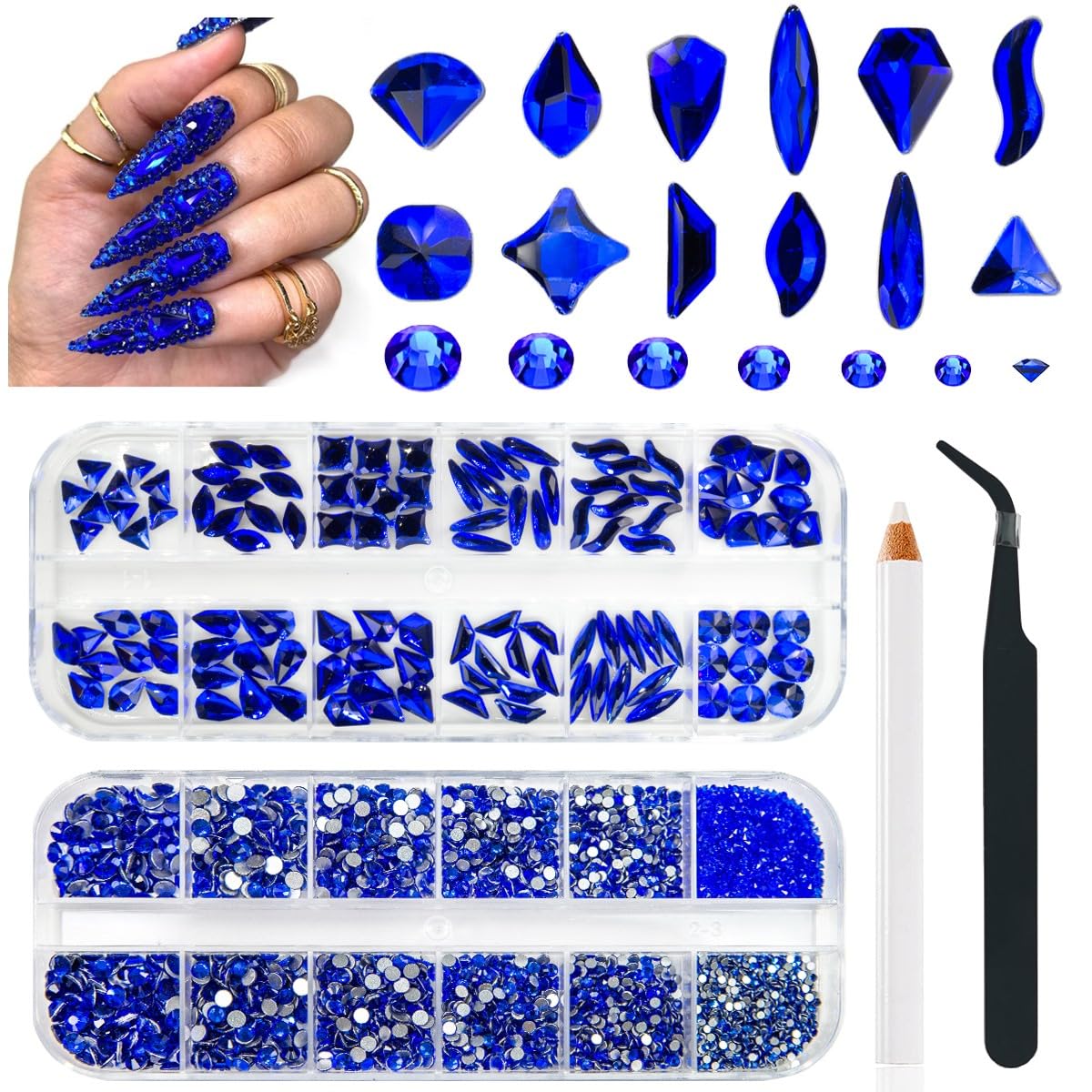 4080Pcs Blue Rhinestones Sapphire Nail Stones Multi Shapes K9 Glass Flatback Royal Blue Crystals Gems Diamonds jewels Nail Art Supplies Charms Decor for Nails Face Eyes Makeup Body DIY Crafting