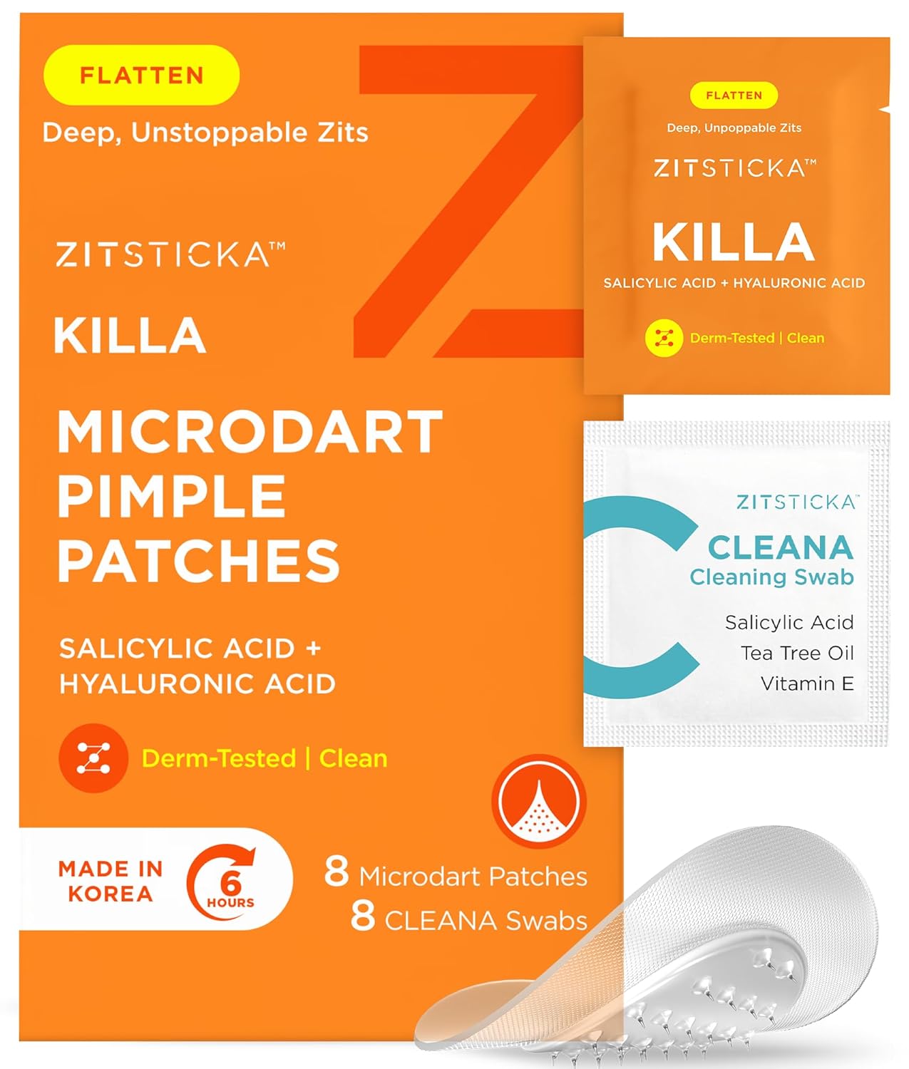 ZitSticka Killa Pimple Patches for Face - World's Most Potent Pimple Patch with Fast-Acting Microdarts - Starts Working within 6 Hours for Deep, Early-Stage Zits - Regular 8 Count with Cleana Swab