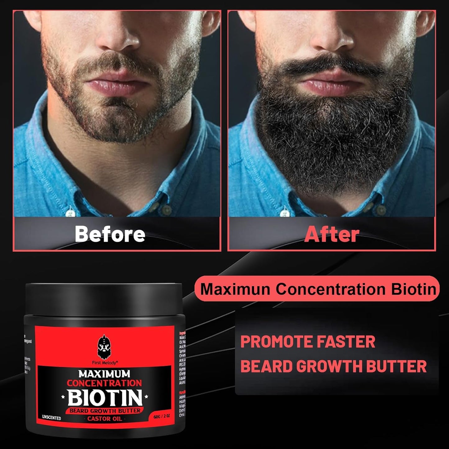 Beard Butter,Maximum Concentration Biotin,with Castor Oil and Argan & Jojoba Oils, Promotes Beard Growth, Styles, Strengthens & Softens Beards ,Unruly Beards While Relieving Itch,2 Ounce*2 (2 Pack)