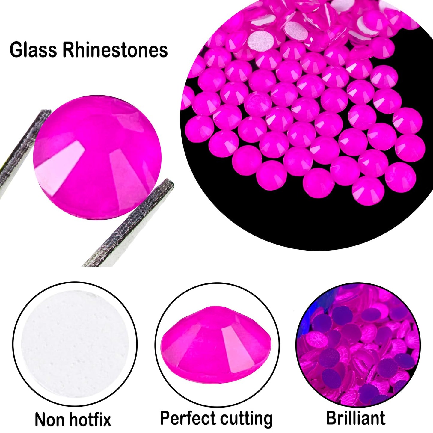 Flatback Glass Rhinestones,Bedazzler Gems 1440pcs Non Hotfix Crystal Rhinestones for Nail Charms Crafts Clothes Tumblers,Rosy Pink Neon,SS16