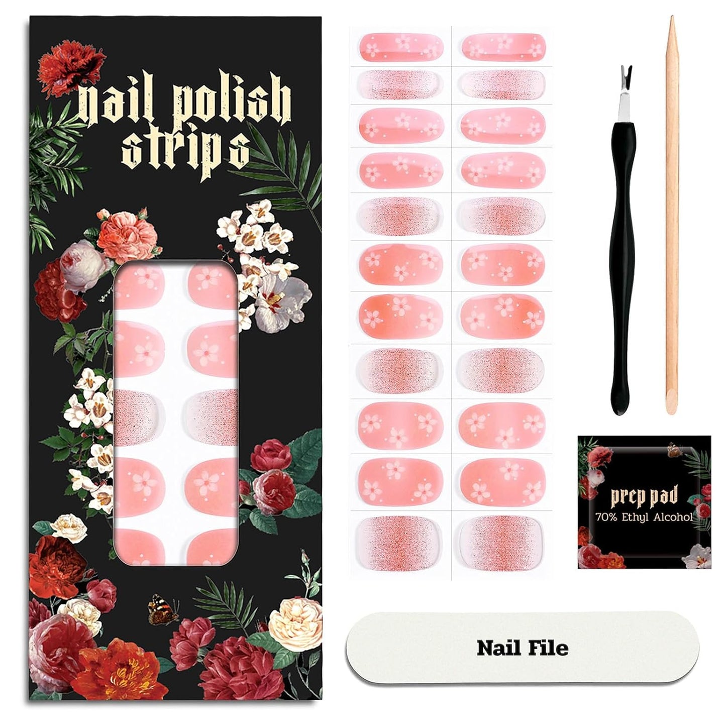 Nail Polish Strips - 22 Pcs Salon Quality Gel Nail Stickers - Long Lasting Wraps (Dusty Orange Flower)