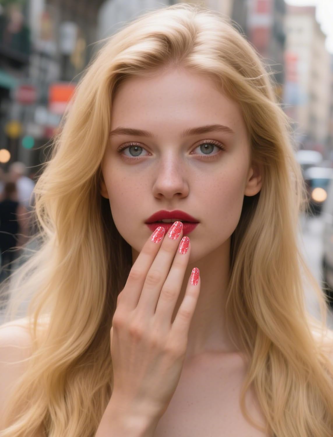 Self-Adhesive Semi Cured Gel Glitter Nail Strips No UV Light Needed, 48 Pcs Press on Color Nail Design Polish Stickers Kit with Nail Files for Women (Deep Red)(Deep Red)