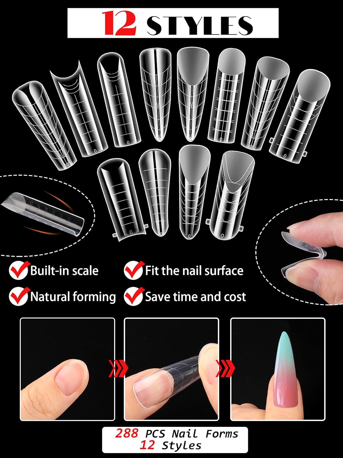 EBANKU Dual Forms for Poly Nail Gel 288PCS Dual Nail Forms Molds Stiletto Coffin Ballerina Acrylic Nail Tips 12 Shapes for Builder Gel Manicure Nail Art Design Salon DIY at Home