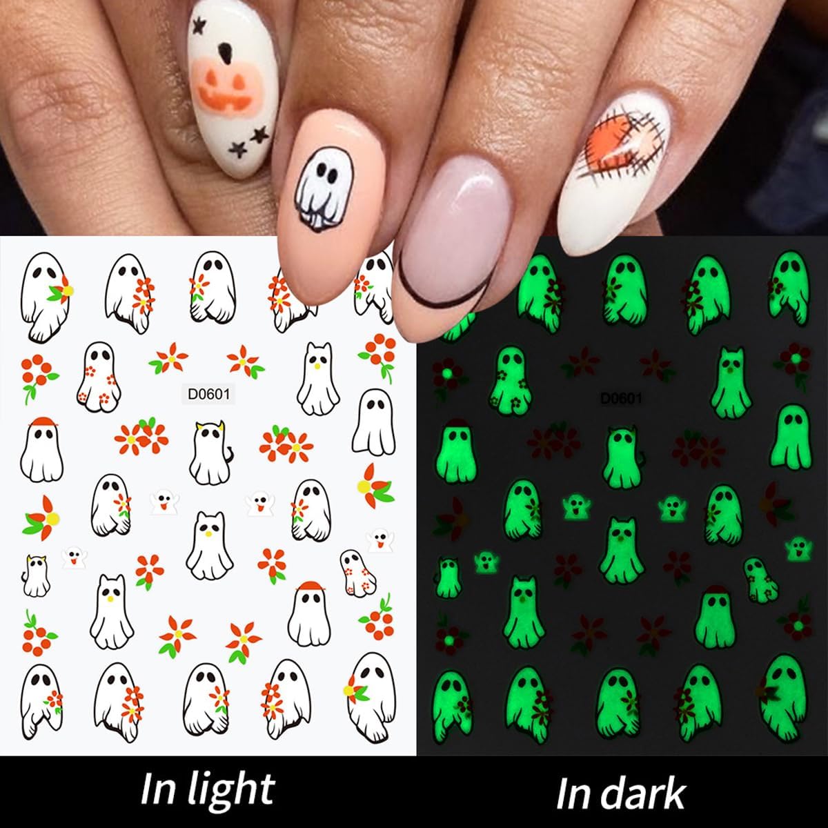 12 Sheets Halloween Nail Art Stickers Glow in The Dark Pumpkin Nail Decals Fluorescent Ghost Nail Stickers Self Adhesive Skull Nail Art Supplies for Women Girls DIY Manicure Nail Art Decorations